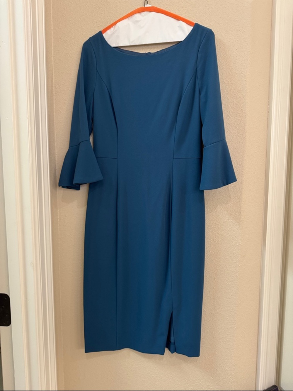 White House Black Market Teal Blue Midi Sheath Dress with Bell Sleeves